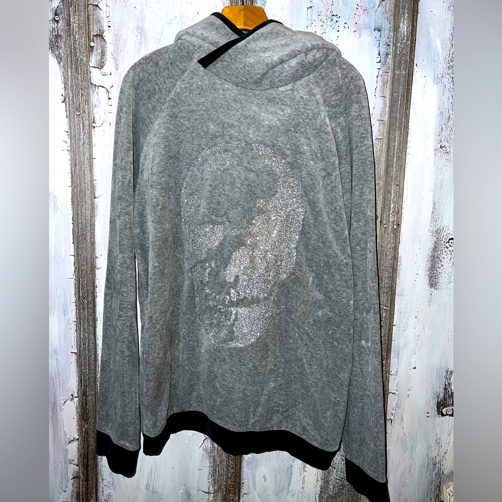 Eva Mankus Grey Velour Hoodie Black Trim with Silver Glitter Skull Graphic M